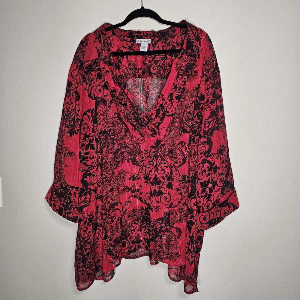 Catherines Womens 4X Red‎ Black Sheer Asymmetric Hem V-Neck Holiday Top Shimmer